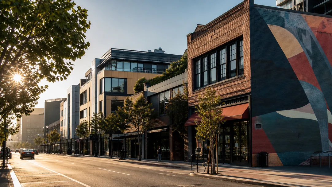 Oakland neighborhood storefronts along a tree-lined commercial street