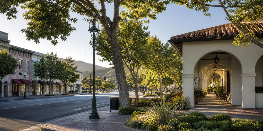 Pleasanton scene connecting walkable Main Street with Hacienda business landscapes