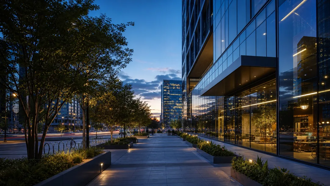 Modern office towers and a landscaped downtown San Jose plaza at dusk