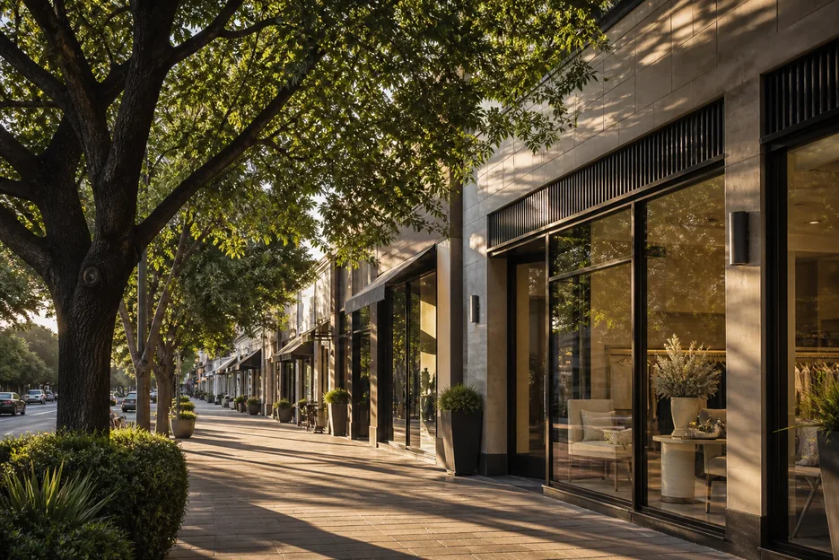 Walnut Creek downtown promenade with oak canopy and storefronts in warm afternoon light