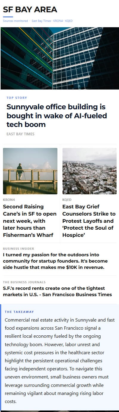 Real Talk newsletter sample, SF Bay Area business news: a Sunnyvale office building sold in the AI boom, a second Raising Cane's opening in San Francisco, record San Francisco rents, and a takeaway for local small business owners