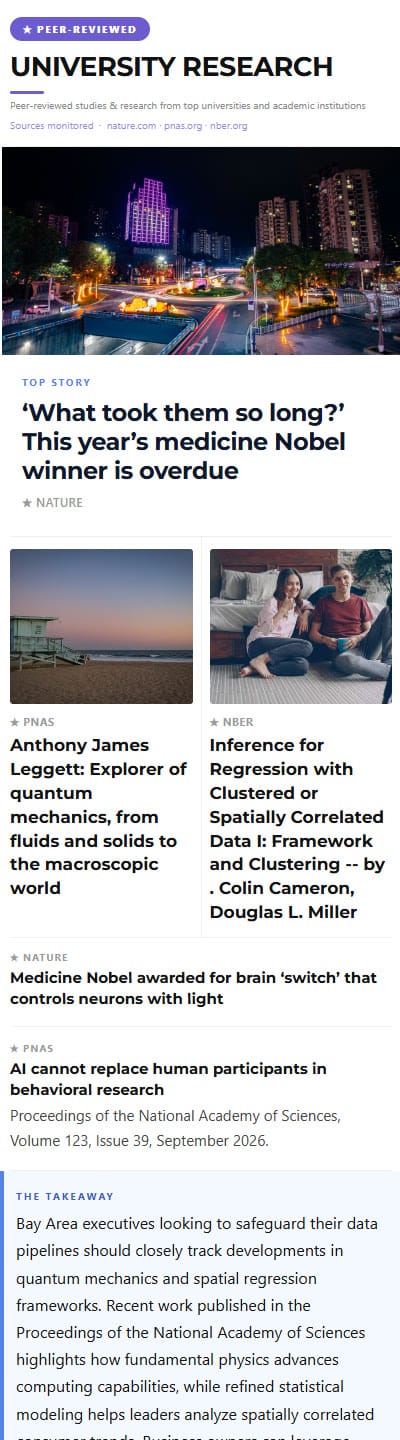 Real Talk newsletter sample, peer-reviewed University Research section: studies from Nature and PNAS and an NBER economics working paper, with a plain English takeaway for Bay Area business owners