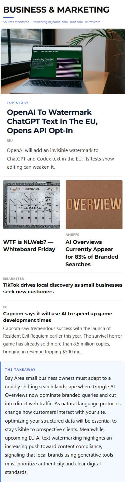 Real Talk newsletter sample, small business marketing tips: Google AI Overviews now appear on 83 percent of branded searches, TikTok for local discovery, and what it means for Bay Area business websites