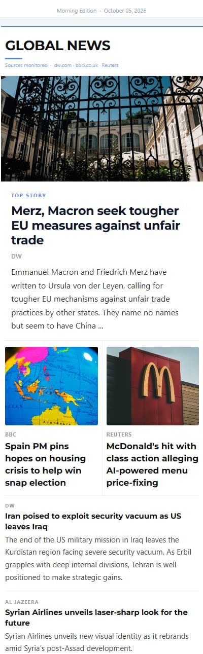 Real Talk newsletter sample, global business news section: top story on France and Germany seeking tougher EU rules against unfair trade, plus Spain's housing crisis election and a McDonald's AI menu pricing lawsuit